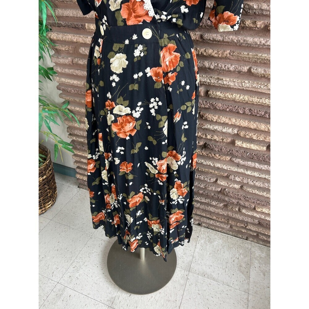 Expo Vintage 90s Dress Black Floral Grunge White Lace Collar Romantic Size 14 - Picture 8 of 11